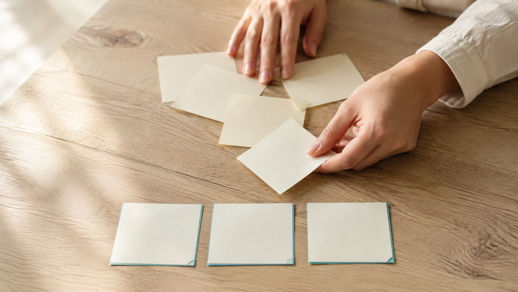 付箋の山から3枚を手前に選んで並べている手元