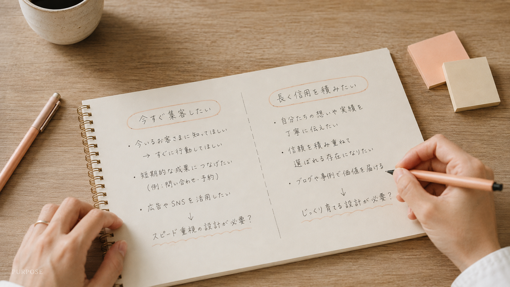 今すぐ集客したいか長く信用を積みたいかをノートに整理している手元