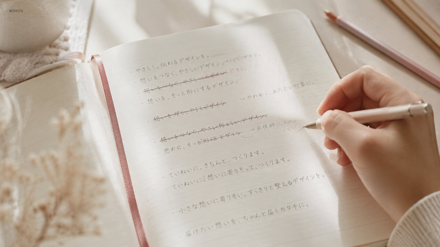 ノートに書いた文章を推敲している手元
