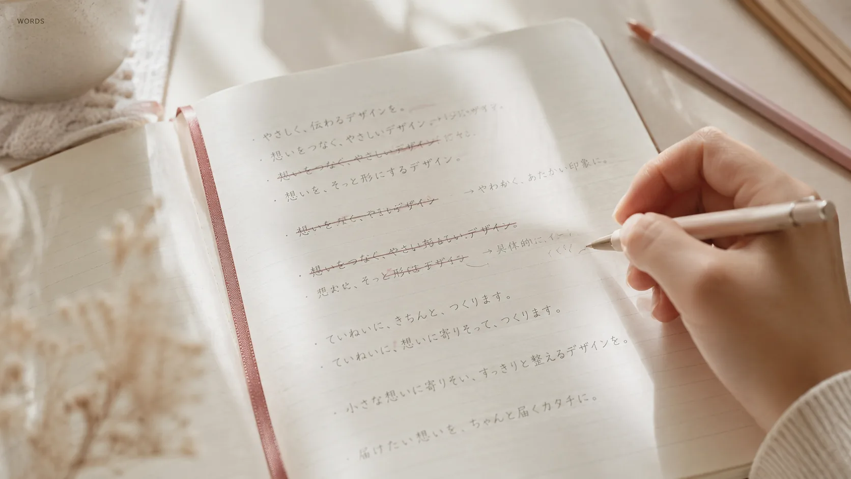 ノートに書いた文章を推敲している手元