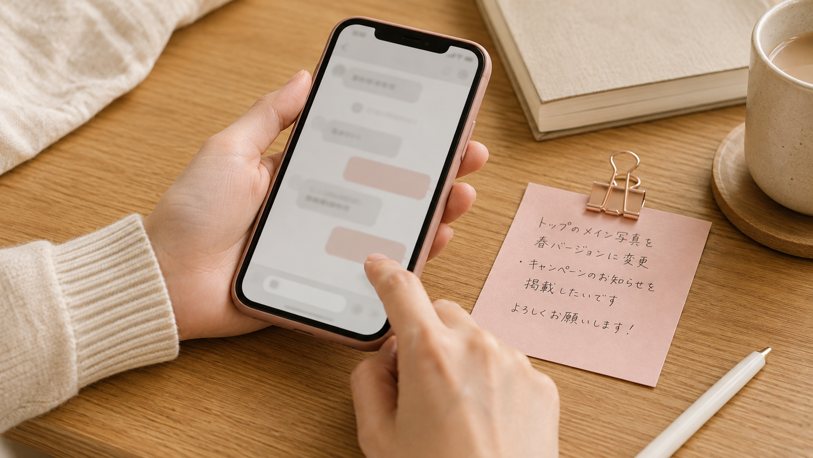 スマホでメッセージを送ろうとする手元、付箋に対応してほしい内容が書かれている