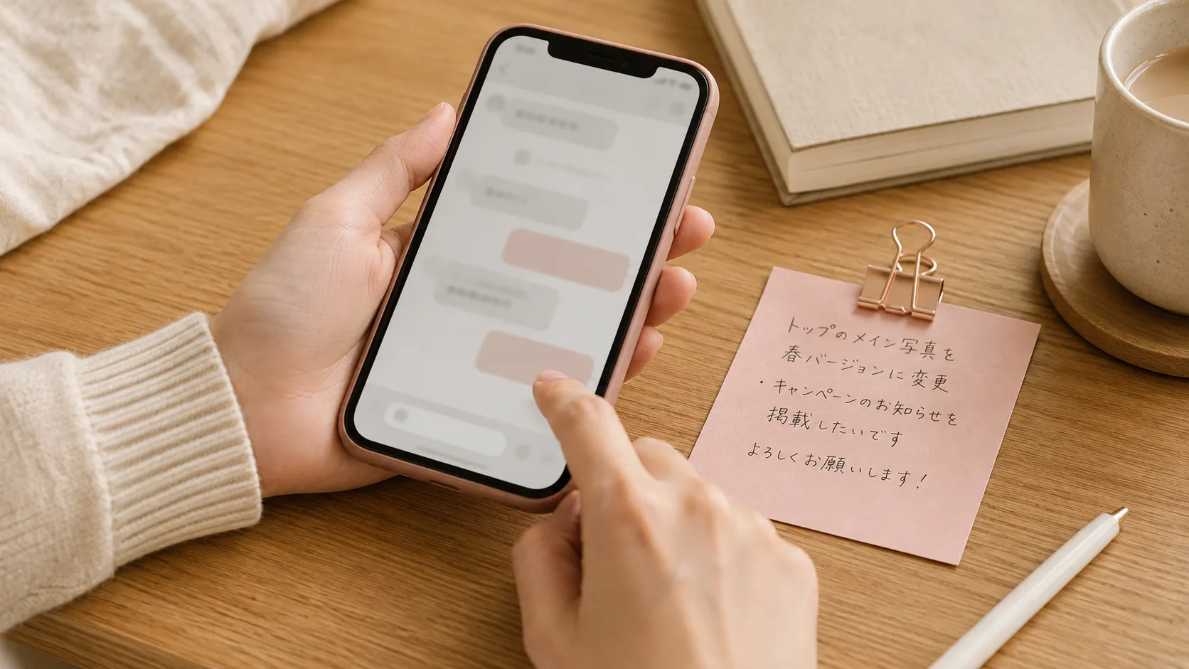 スマホでメッセージを送ろうとする手元、付箋に対応してほしい内容が書かれている