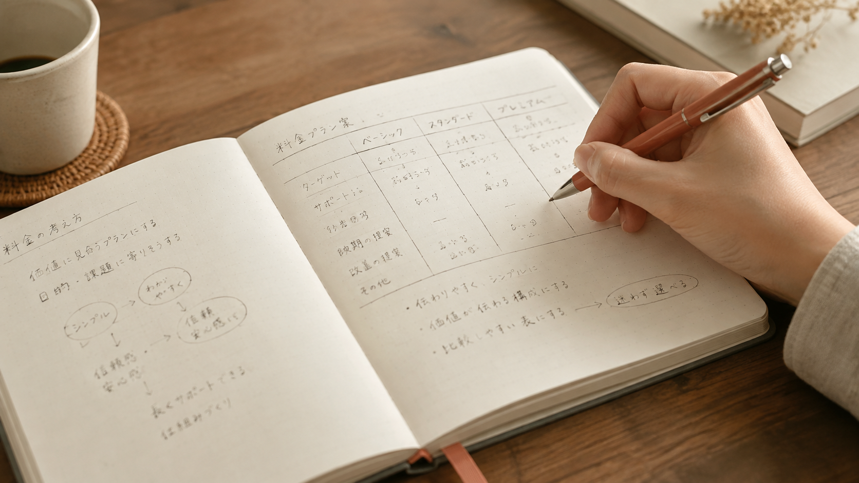 価格の目安をノートに書き出して整理している手元