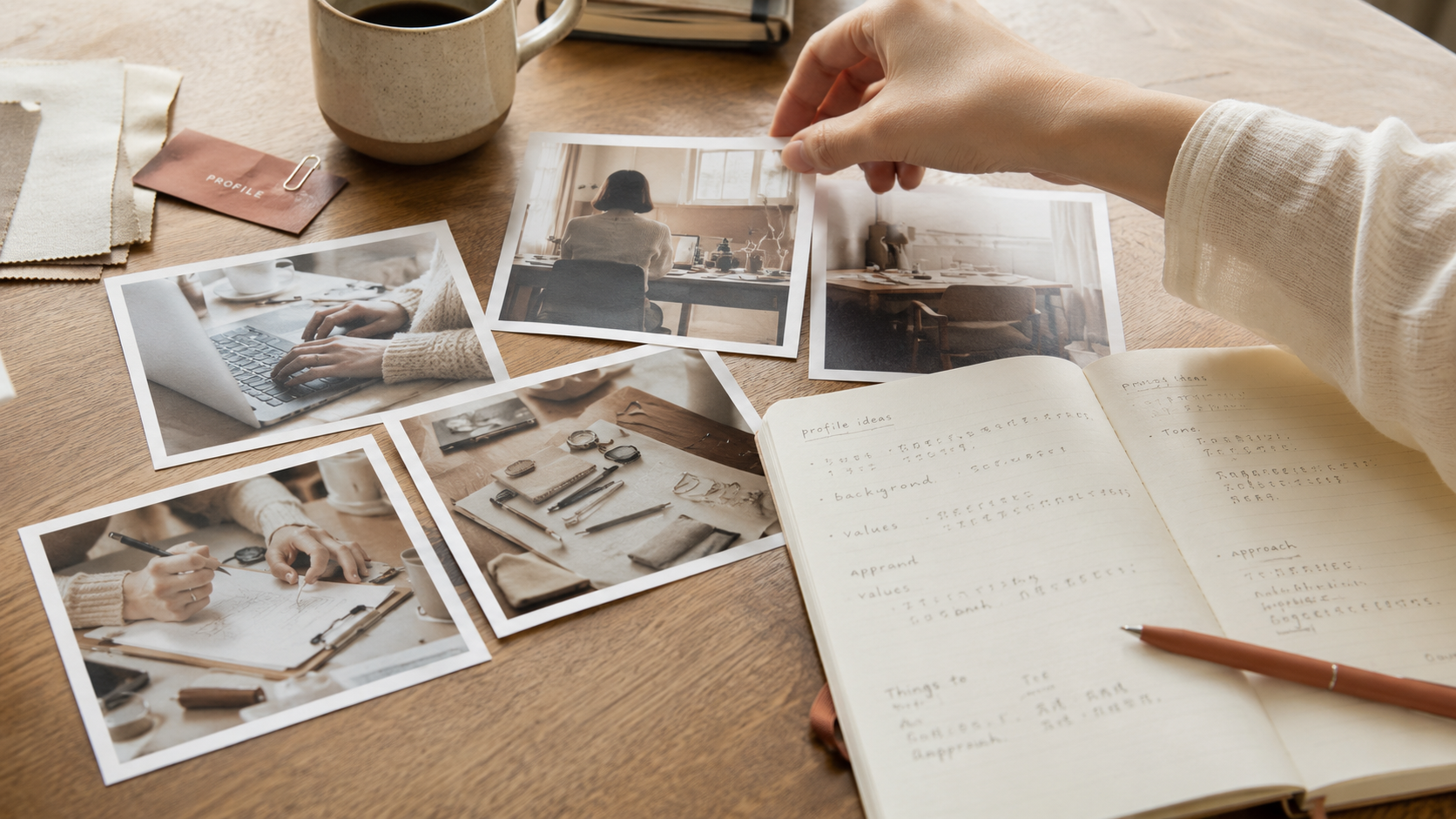 プロフィールに使う写真や紹介文を選んでいる手元