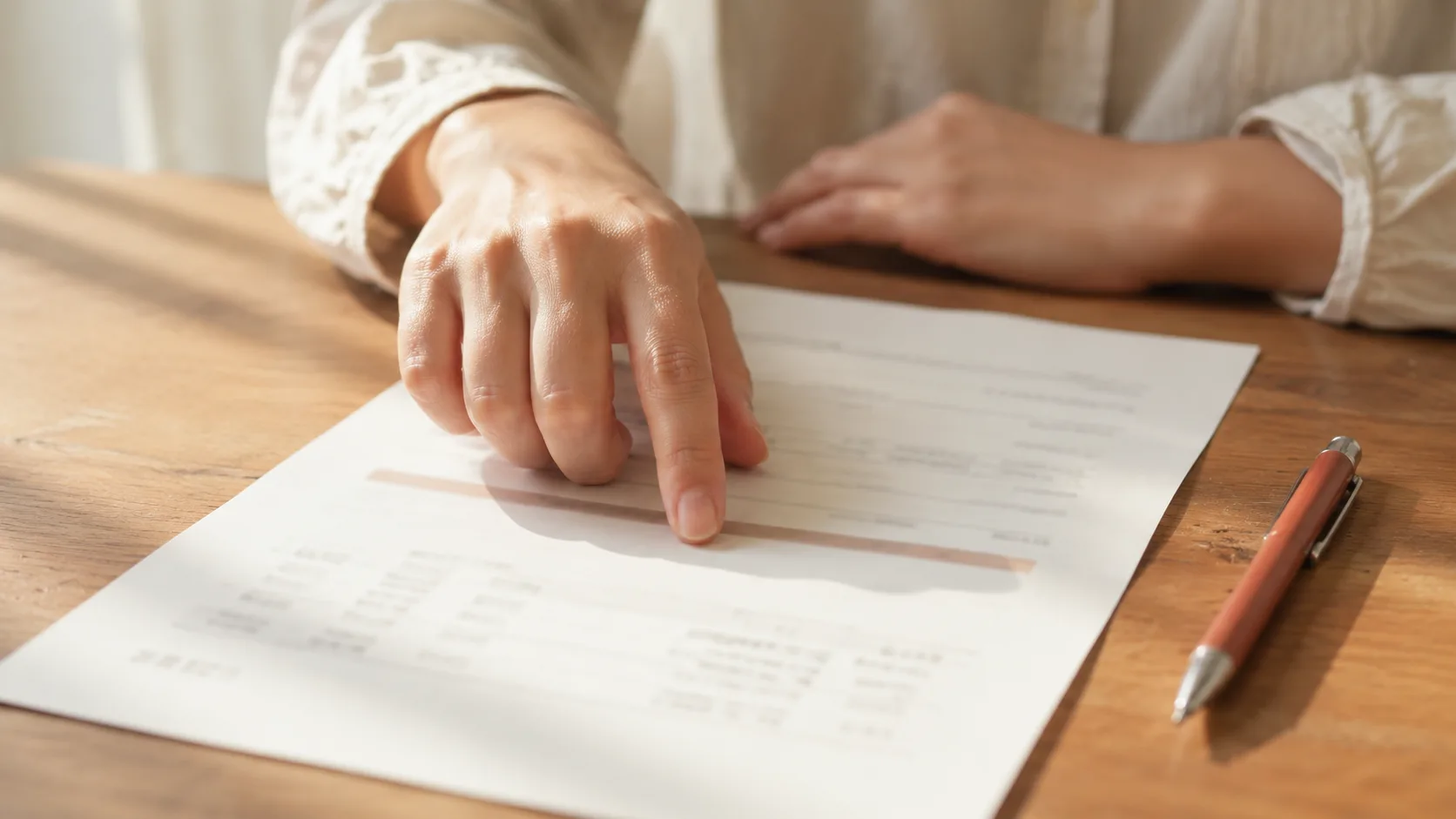 見積書の項目を指でなぞりながら確認している手元