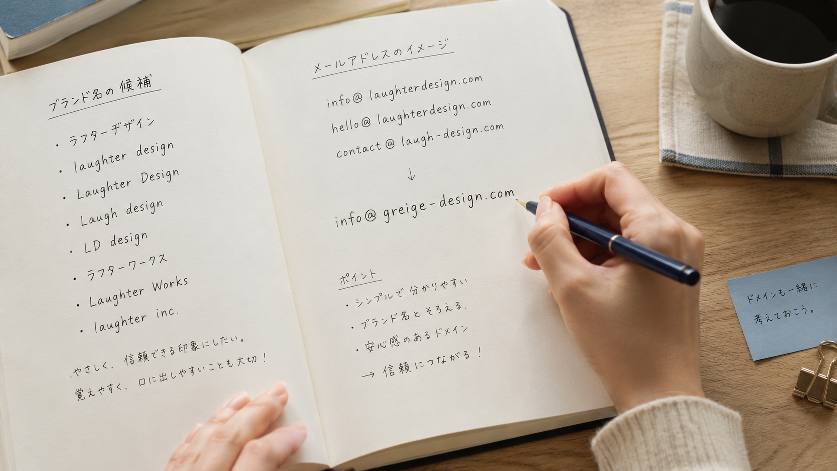 屋号やブランド名から独自ドメインのメールアドレス案を書き出している手元