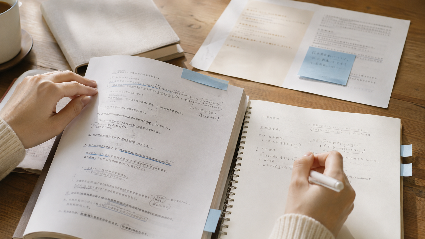 資料やノートを見比べながら独自ドメインとSEOの関係を確認している手元