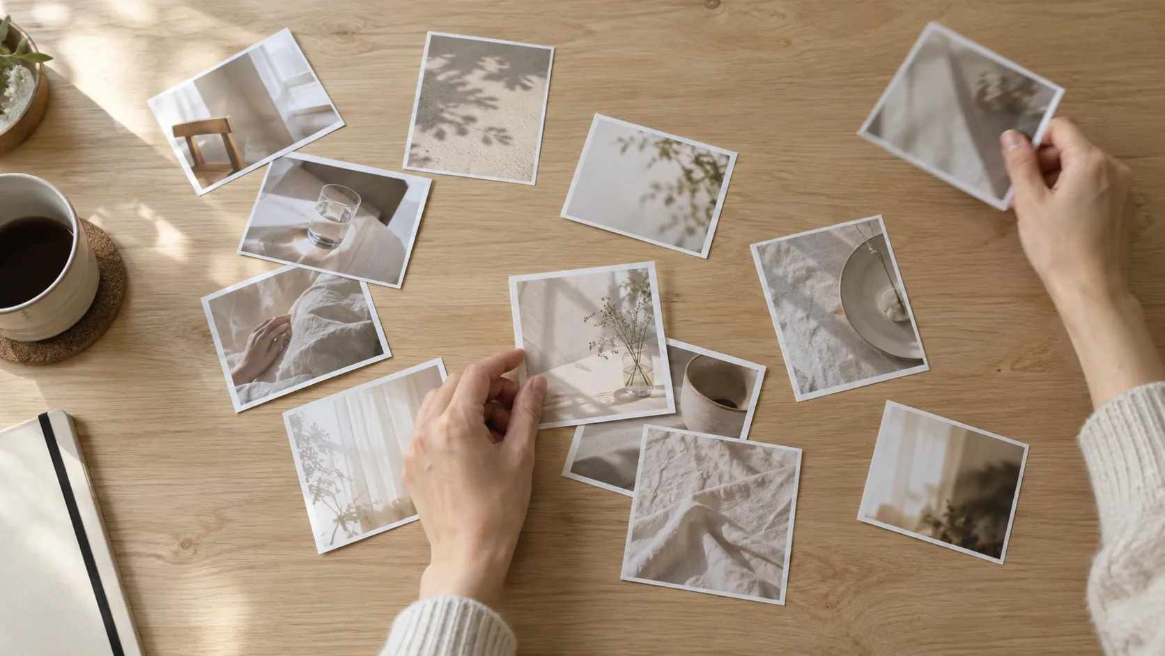 散らばったプリント写真を寄せたり避けたりして仕分けている手元